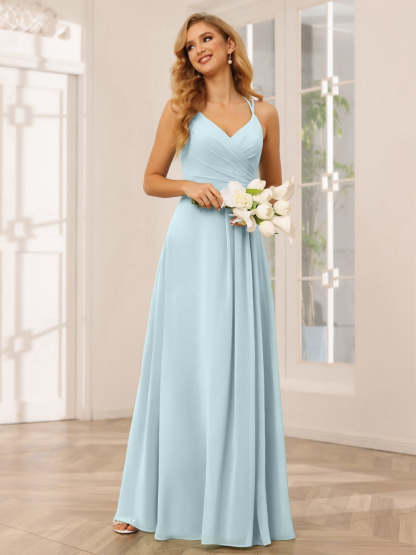 V-Neck Sleeveless A-Line Princess Floor-Length Bridesmaid Dresses with Ruffles