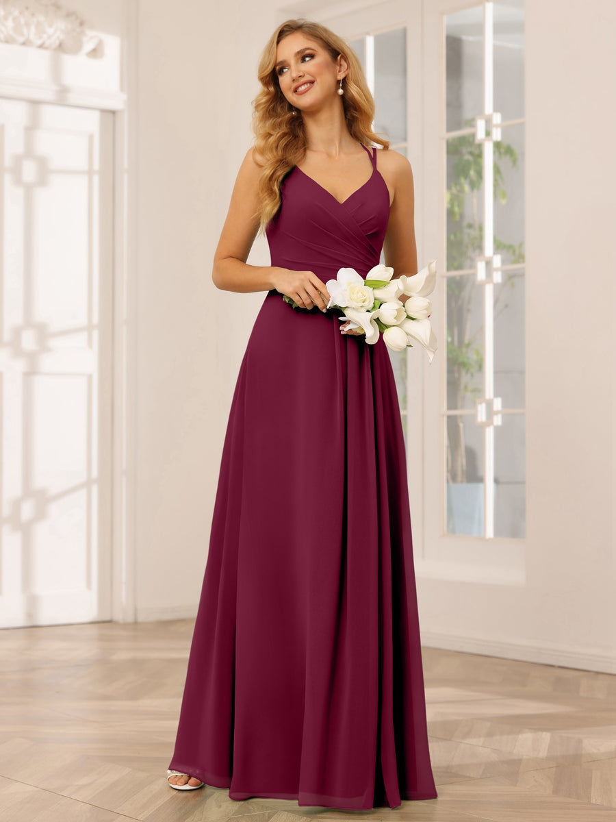 V-Neck Sleeveless A-Line Princess Floor-Length Bridesmaid Dresses with Ruffles