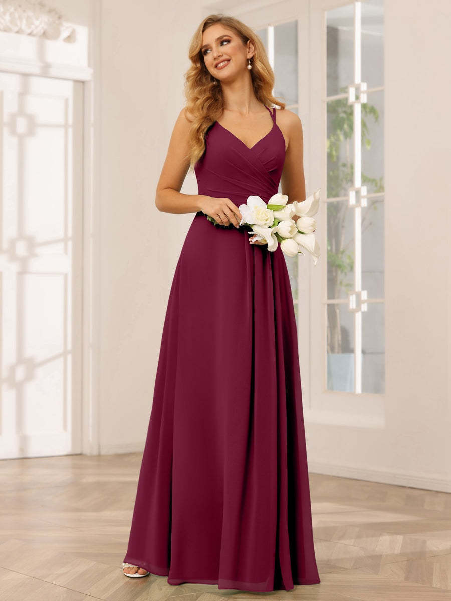 V-Neck Sleeveless A-Line Princess Floor-Length Bridesmaid Dresses with Ruffles