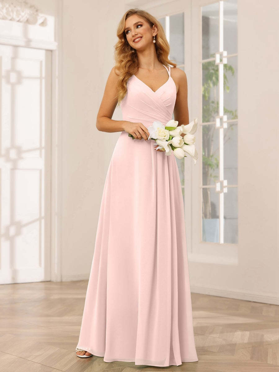 V-Neck Sleeveless A-Line Princess Floor-Length Bridesmaid Dresses with Ruffles