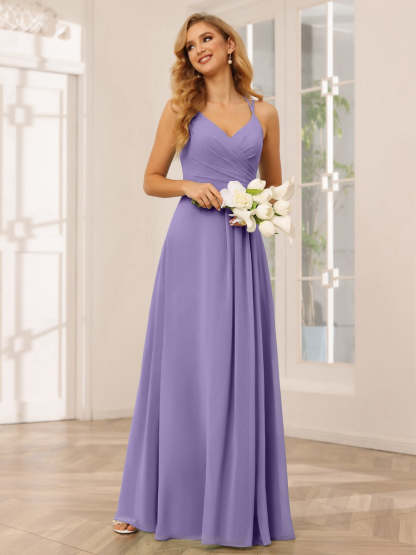 V-Neck Sleeveless A-Line Princess Floor-Length Bridesmaid Dresses with Ruffles