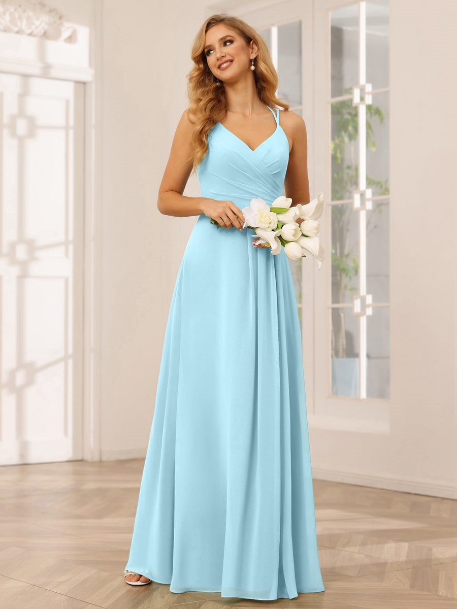V-Neck Sleeveless A-Line Princess Floor-Length Bridesmaid Dresses with Ruffles