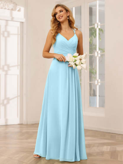 V-Neck Sleeveless A-Line Princess Floor-Length Bridesmaid Dresses with Ruffles