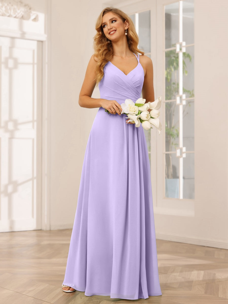 V-Neck Sleeveless A-Line Princess Floor-Length Bridesmaid Dresses with Ruffles