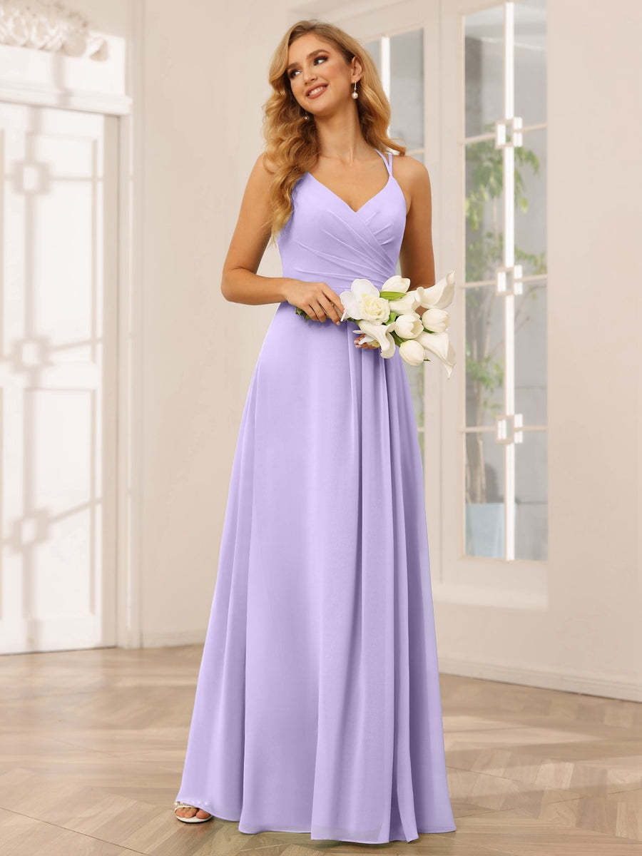 V-Neck Sleeveless A-Line Princess Floor-Length Bridesmaid Dresses with Ruffles