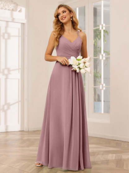 V-Neck Sleeveless A-Line Princess Floor-Length Bridesmaid Dresses with Ruffles