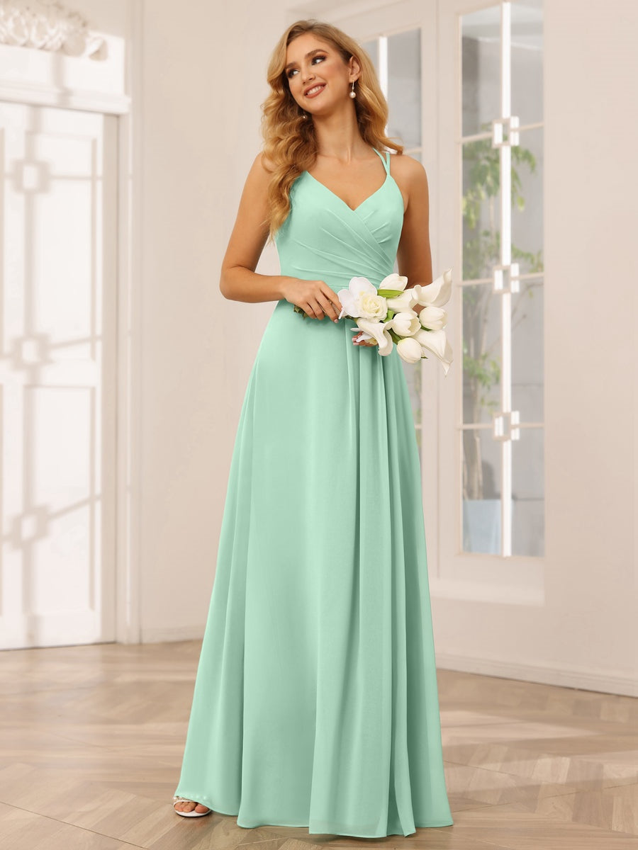 V-Neck Sleeveless A-Line Princess Floor-Length Bridesmaid Dresses with Ruffles