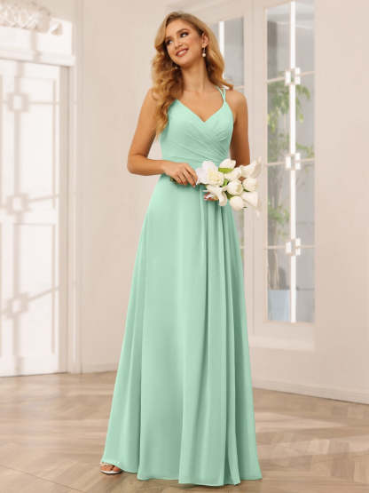 V-Neck Sleeveless A-Line Princess Floor-Length Bridesmaid Dresses with Ruffles