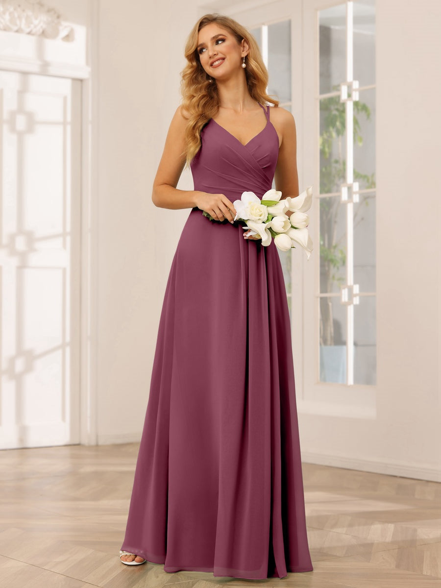 V-Neck Sleeveless A-Line Princess Floor-Length Bridesmaid Dresses with Ruffles