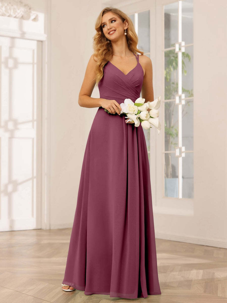 V-Neck Sleeveless A-Line Princess Floor-Length Bridesmaid Dresses with Ruffles