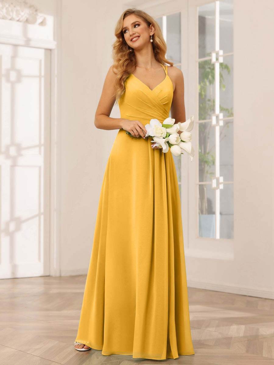 V-Neck Sleeveless A-Line Princess Floor-Length Bridesmaid Dresses with Ruffles