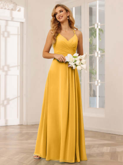 V-Neck Sleeveless A-Line Princess Floor-Length Bridesmaid Dresses with Ruffles