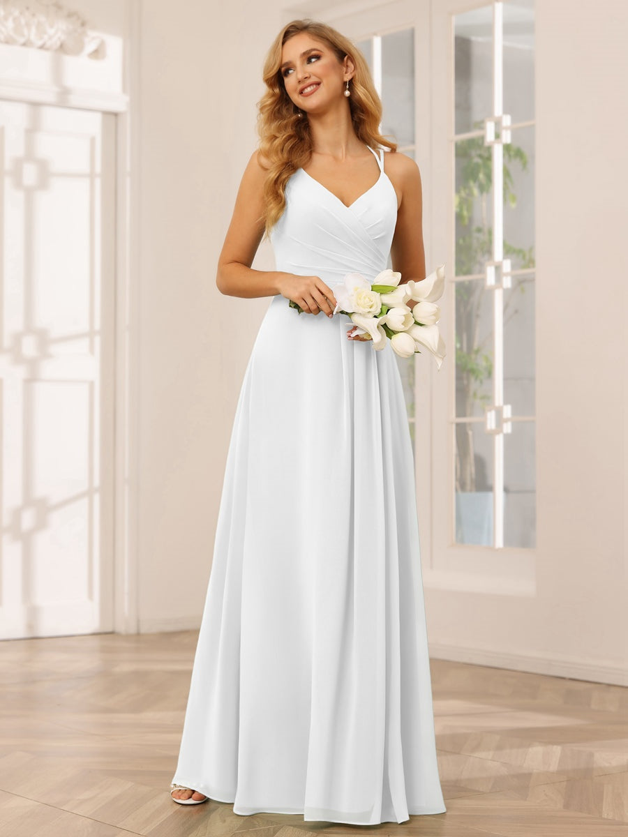 V-Neck Sleeveless A-Line Princess Floor-Length Bridesmaid Dresses with Ruffles