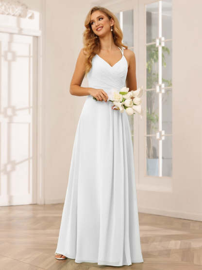 V-Neck Sleeveless A-Line Princess Floor-Length Bridesmaid Dresses with Ruffles