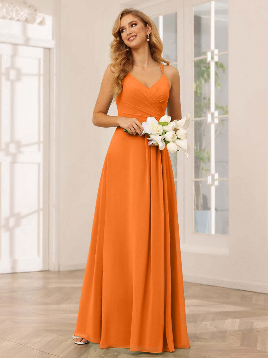 V-Neck Sleeveless A-Line Princess Floor-Length Bridesmaid Dresses with Ruffles