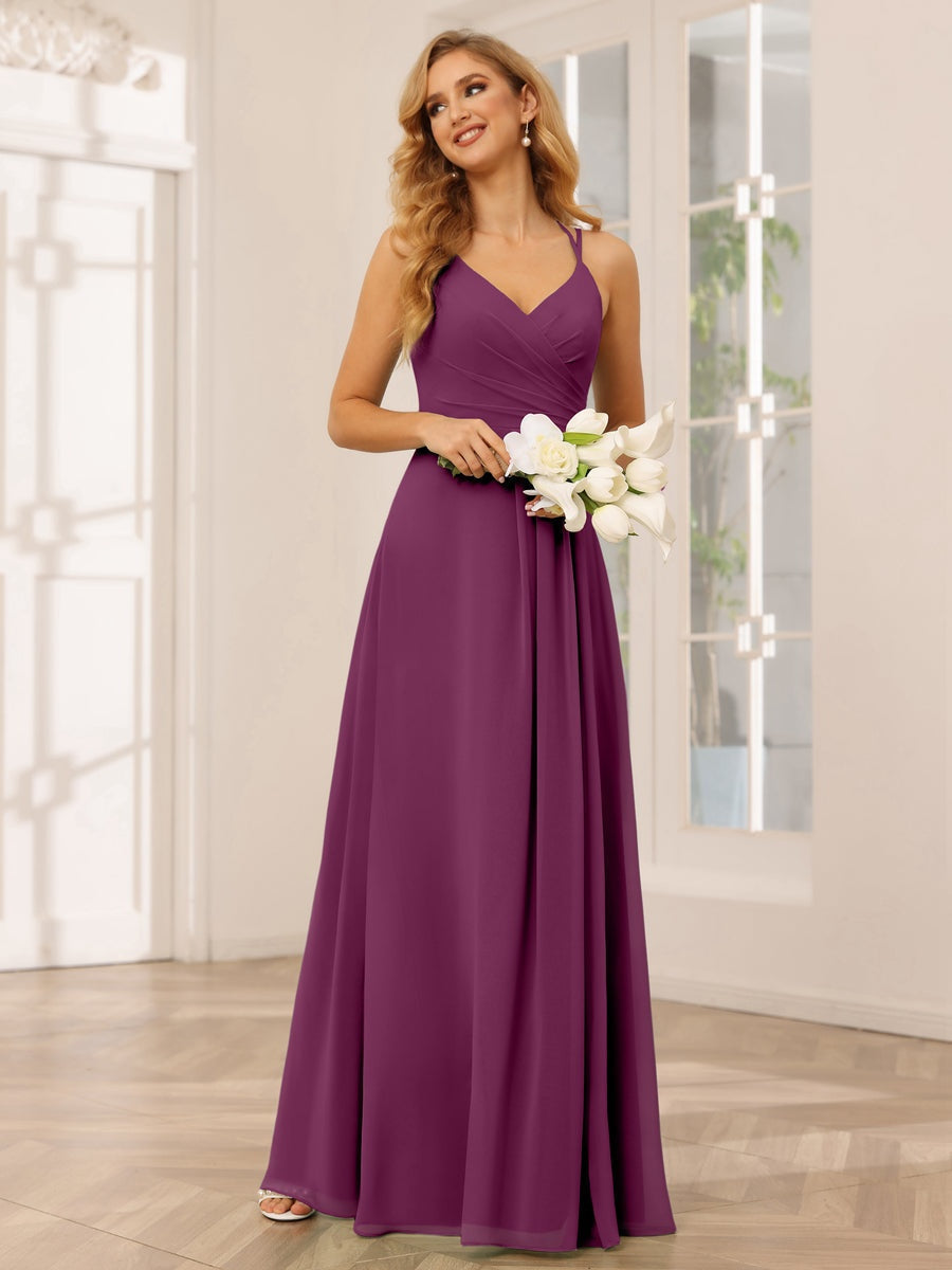 V-Neck Sleeveless A-Line Princess Floor-Length Bridesmaid Dresses with Ruffles