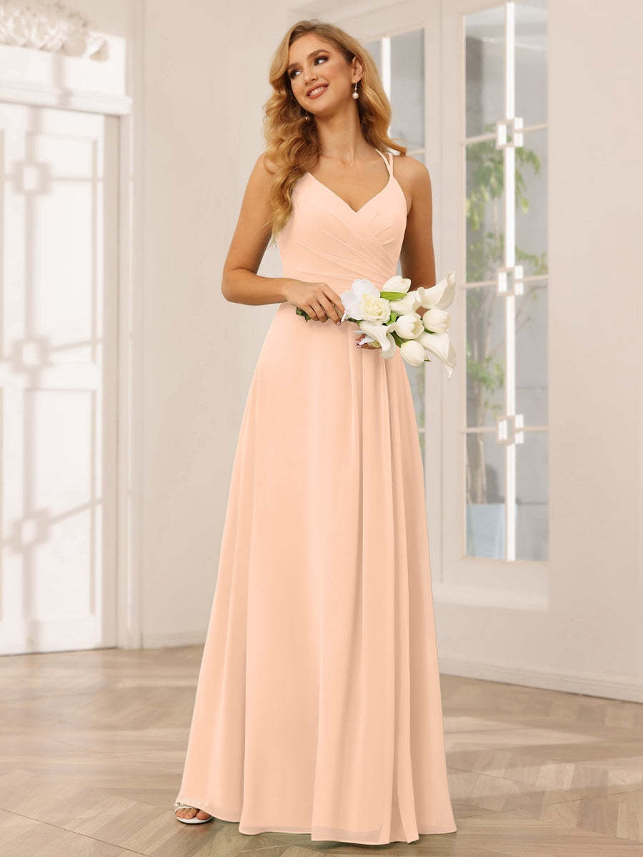 V-Neck Sleeveless A-Line Princess Floor-Length Bridesmaid Dresses with Ruffles