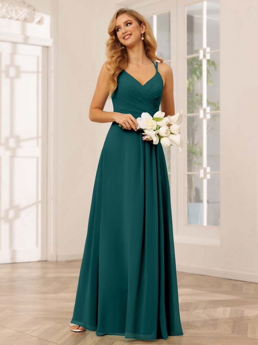 V-Neck Sleeveless A-Line Princess Floor-Length Bridesmaid Dresses with Ruffles