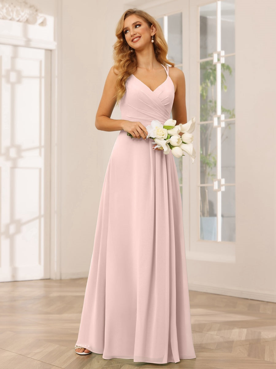 V-Neck Sleeveless A-Line Princess Floor-Length Bridesmaid Dresses with Ruffles