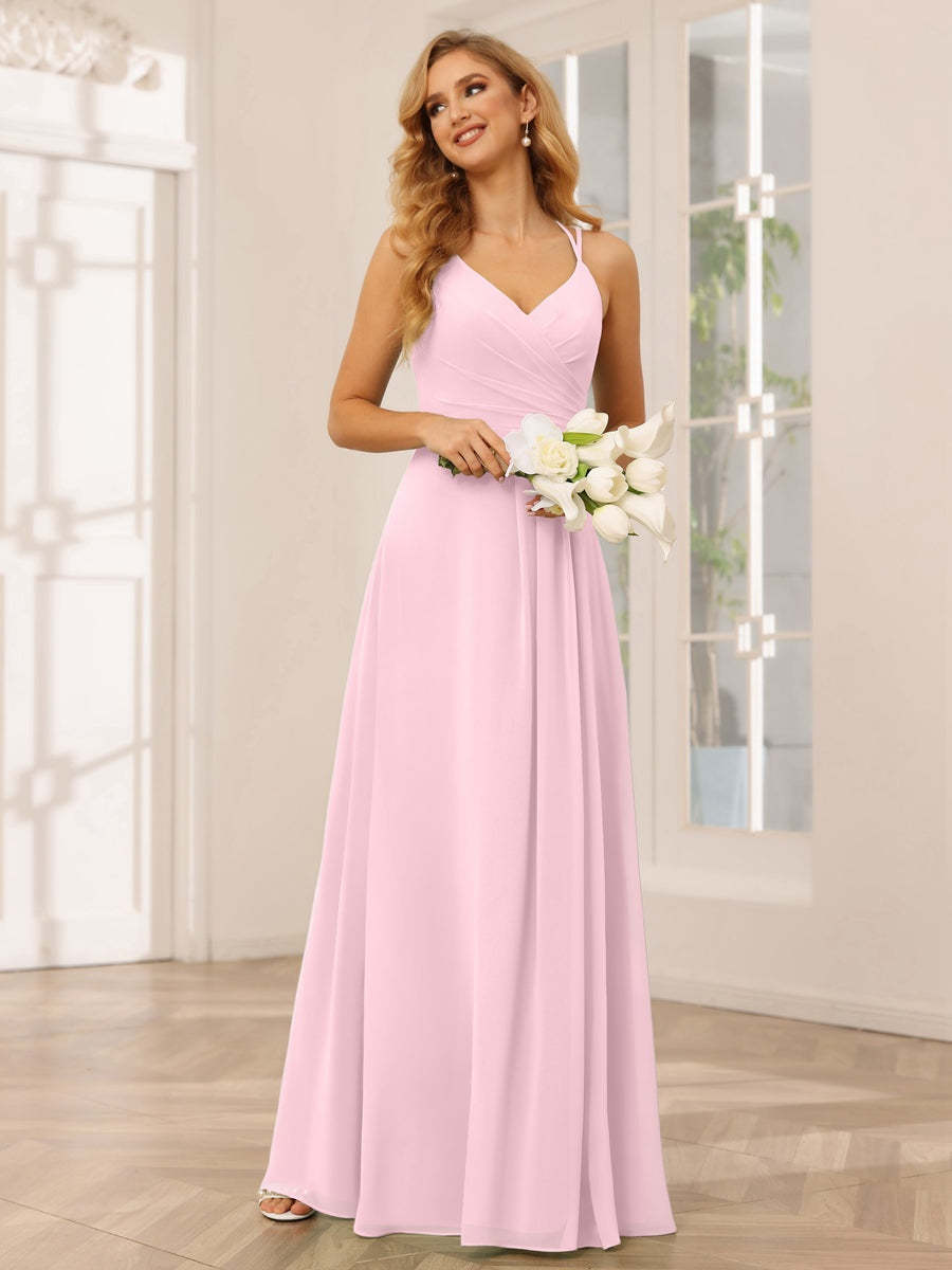 V-Neck Sleeveless A-Line Princess Floor-Length Bridesmaid Dresses with Ruffles