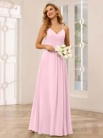 V-Neck Sleeveless A-Line Princess Floor-Length Bridesmaid Dresses with Ruffles