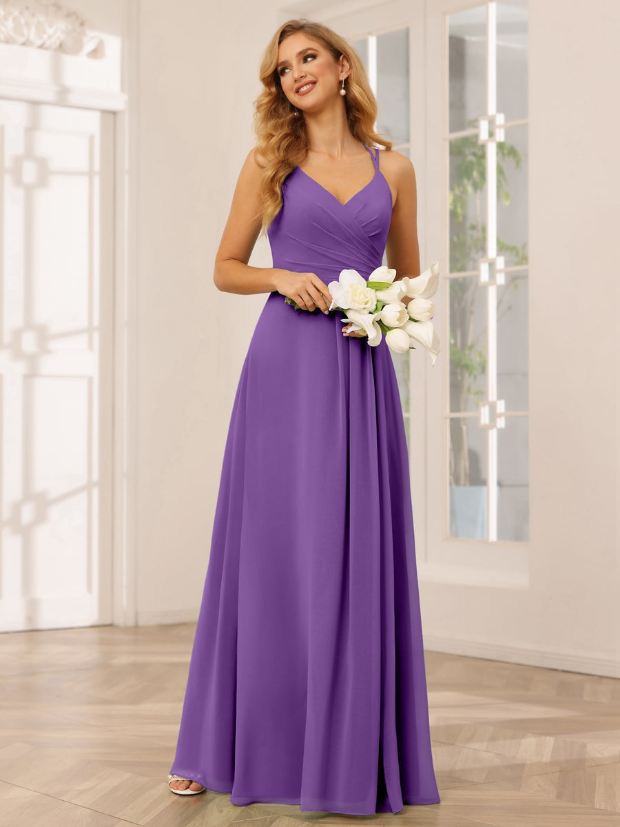 V-Neck Sleeveless A-Line Princess Floor-Length Bridesmaid Dresses with Ruffles