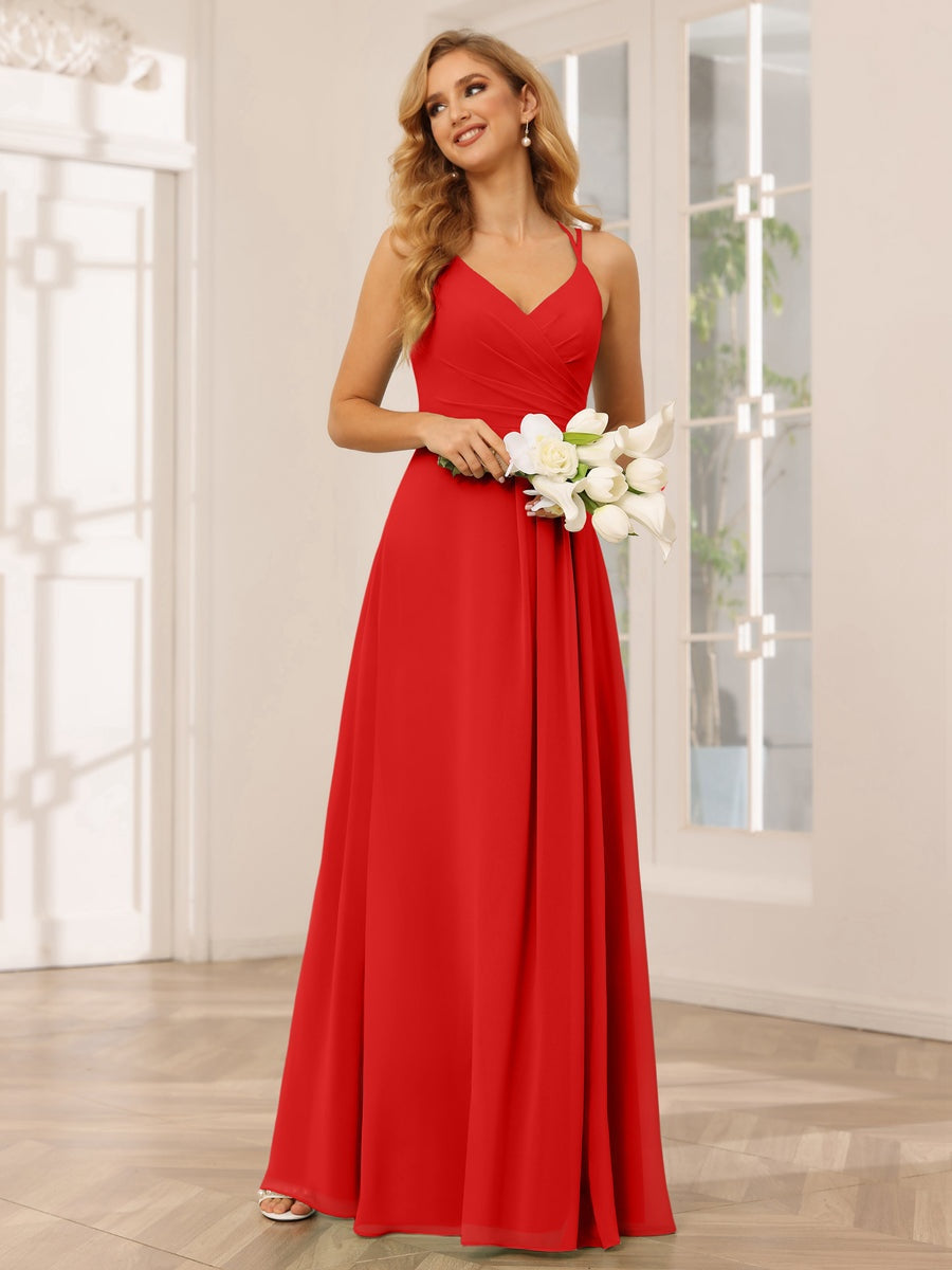 V-Neck Sleeveless A-Line Princess Floor-Length Bridesmaid Dresses with Ruffles