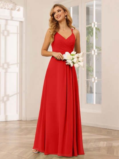 V-Neck Sleeveless A-Line Princess Floor-Length Bridesmaid Dresses with Ruffles