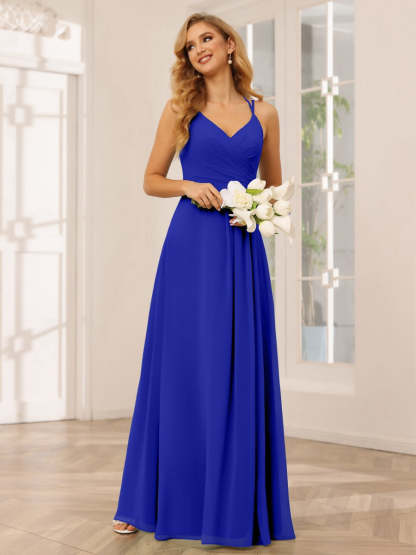 V-Neck Sleeveless A-Line Princess Floor-Length Bridesmaid Dresses with Ruffles