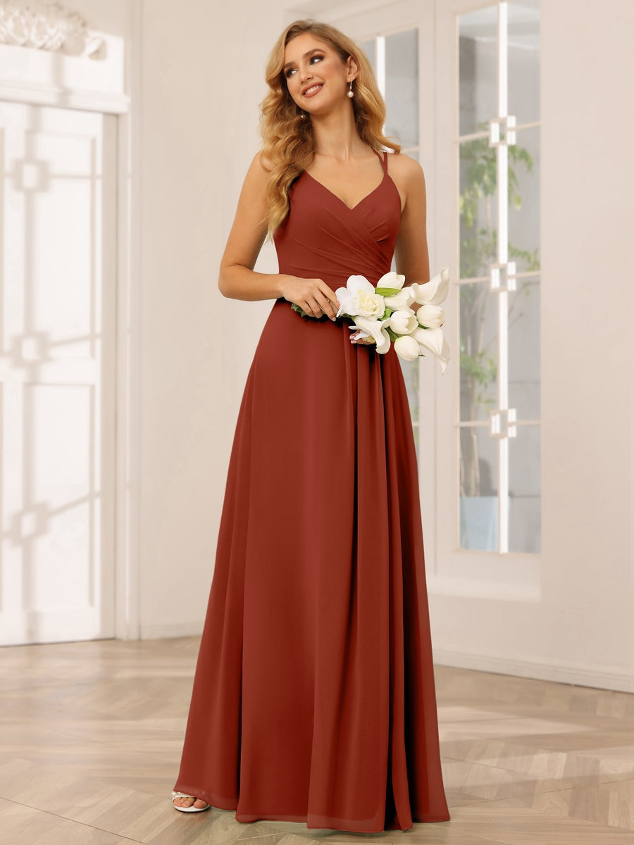 V-Neck Sleeveless A-Line Princess Floor-Length Bridesmaid Dresses with Ruffles