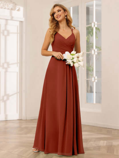 V-Neck Sleeveless A-Line Princess Floor-Length Bridesmaid Dresses with Ruffles