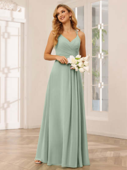 V-Neck Sleeveless A-Line Princess Floor-Length Bridesmaid Dresses with Ruffles