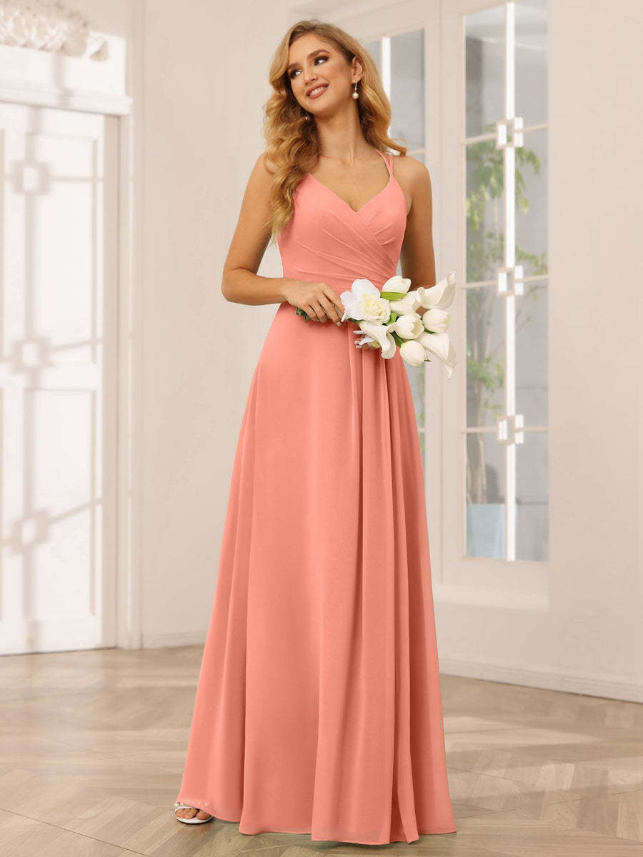 V-Neck Sleeveless A-Line Princess Floor-Length Bridesmaid Dresses with Ruffles