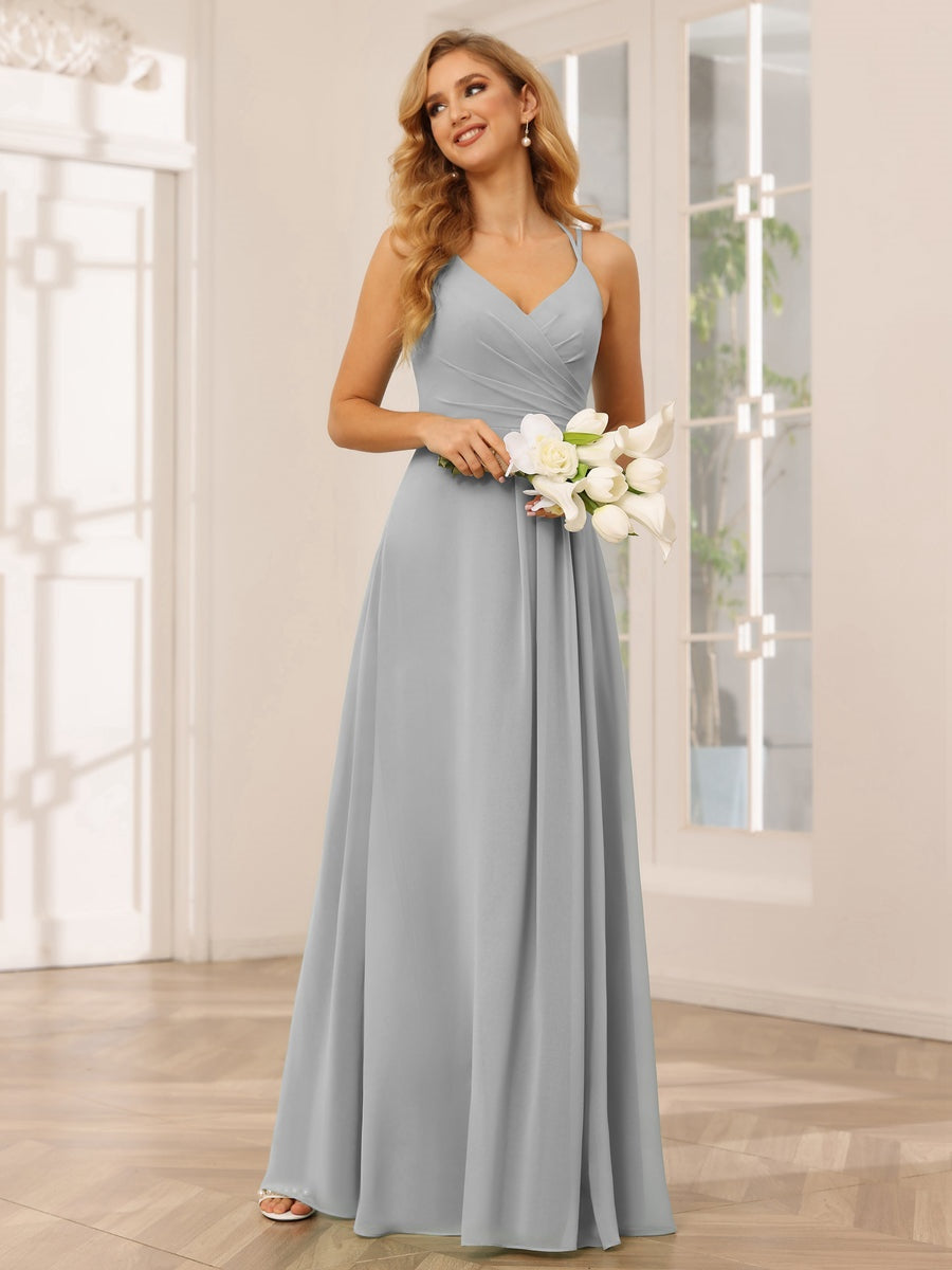 V-Neck Sleeveless A-Line Princess Floor-Length Bridesmaid Dresses with Ruffles