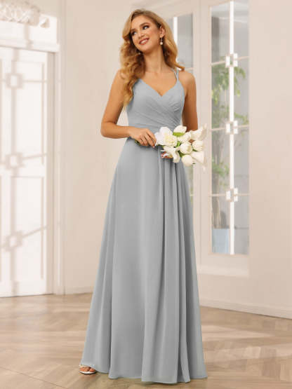 V-Neck Sleeveless A-Line Princess Floor-Length Bridesmaid Dresses with Ruffles