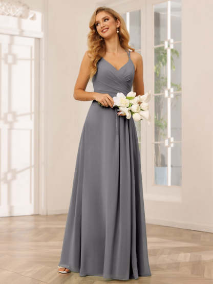 V-Neck Sleeveless A-Line Princess Floor-Length Bridesmaid Dresses with Ruffles