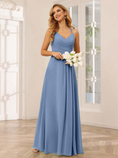 V-Neck Sleeveless A-Line Princess Floor-Length Bridesmaid Dresses with Ruffles