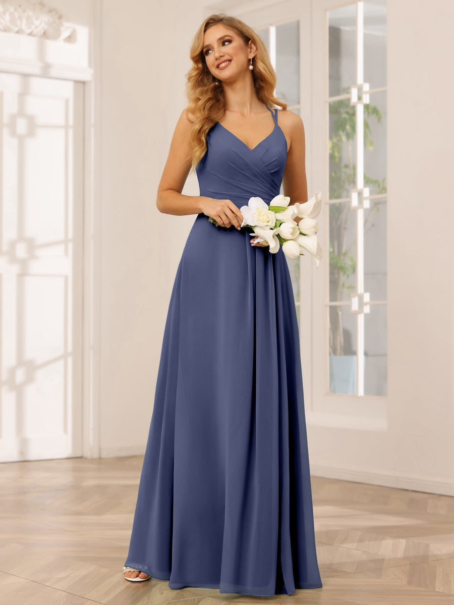 V-Neck Sleeveless A-Line Princess Floor-Length Bridesmaid Dresses with Ruffles