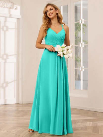 V-Neck Sleeveless A-Line Princess Floor-Length Bridesmaid Dresses with Ruffles