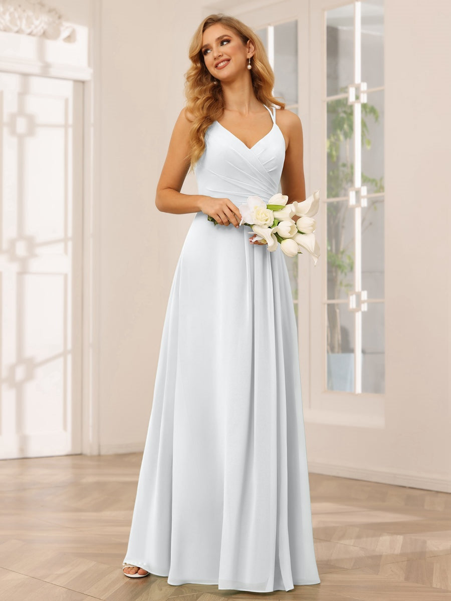 V-Neck Sleeveless A-Line Princess Floor-Length Bridesmaid Dresses with Ruffles