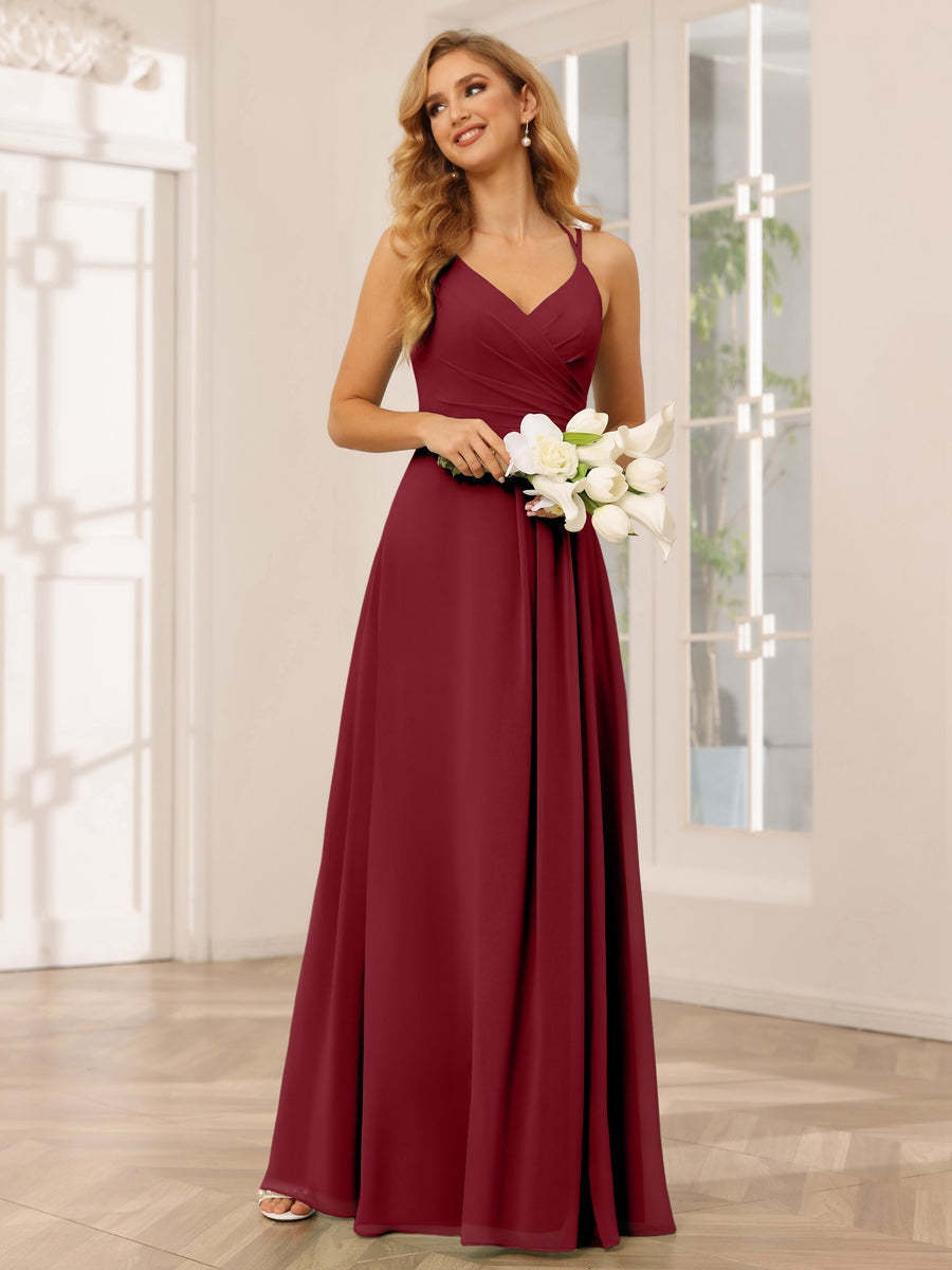 V-Neck Sleeveless A-Line Princess Floor-Length Bridesmaid Dresses with Ruffles