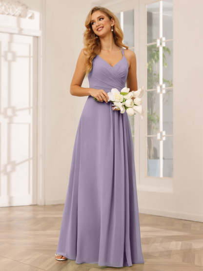 V-Neck Sleeveless A-Line Princess Floor-Length Bridesmaid Dresses with Ruffles