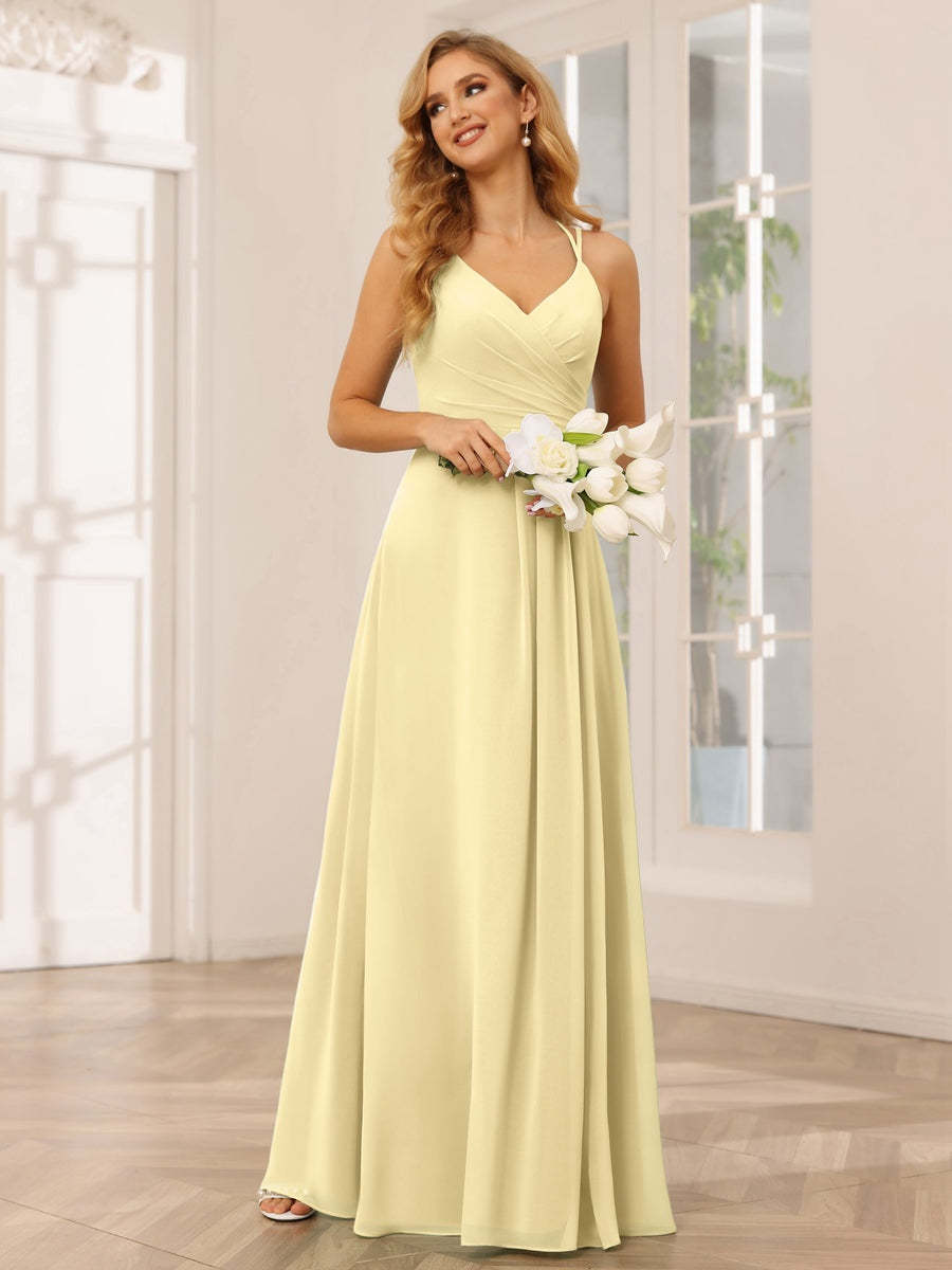 V-Neck Sleeveless A-Line Princess Floor-Length Bridesmaid Dresses with Ruffles