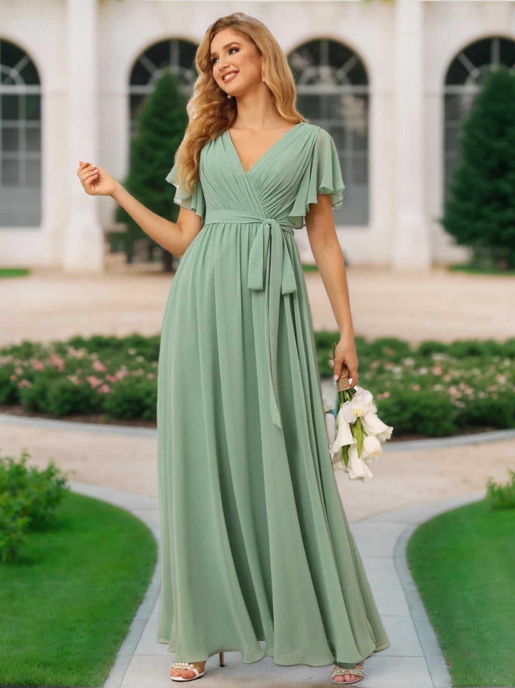 V-Neck A-Line Floor-Length Bridesmaid Dress with Sash and Short Sleeves