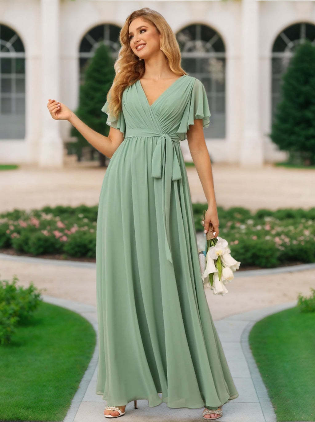 V-Neck A-Line Floor-Length Bridesmaid Dress with Sash and Short Sleeves