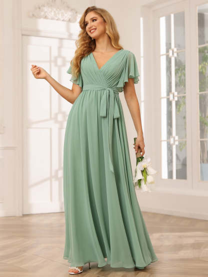 V-Neck A-Line Floor-Length Bridesmaid Dress with Sash and Short Sleeves