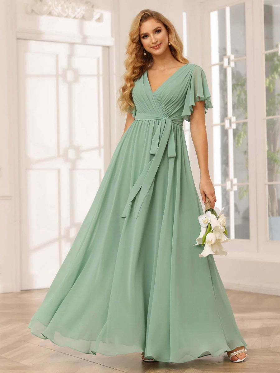 V-Neck A-Line Floor-Length Bridesmaid Dress with Sash and Short Sleeves