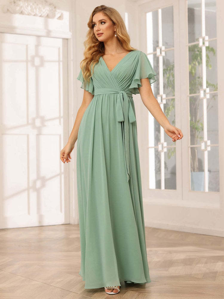 V-Neck A-Line Floor-Length Bridesmaid Dress with Sash and Short Sleeves