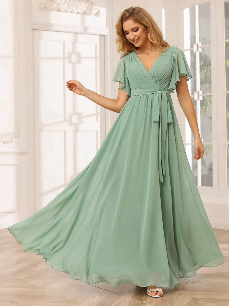 V-Neck A-Line Floor-Length Bridesmaid Dress with Sash and Short Sleeves