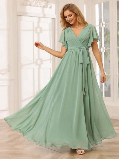 V-Neck A-Line Floor-Length Bridesmaid Dress with Sash and Short Sleeves